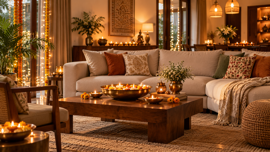 Diwali living room with a cream sofa, festive cushions, marigold garlands and diyas on a centre table.
