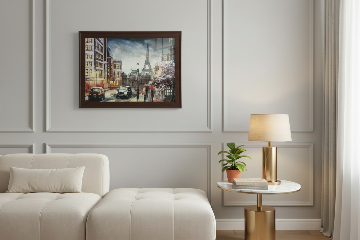 Framed artwork of a city street scene with the Eiffel Tower.