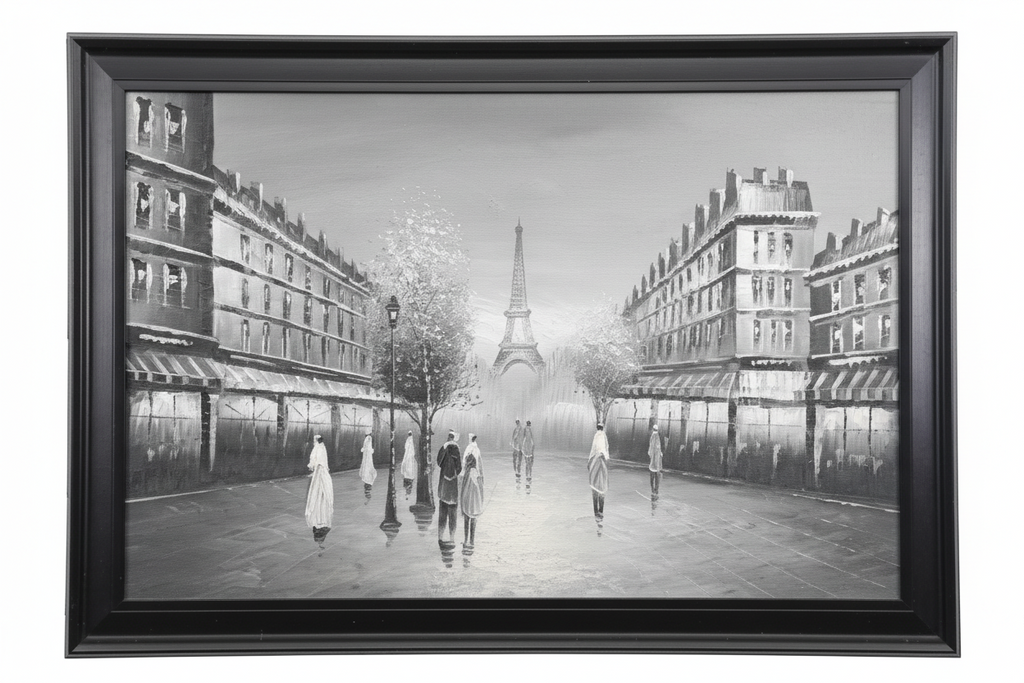 Framed black and white artwork of a city street with the Eiffel Tower in the background.