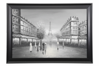 Framed black and white artwork of a city street with the Eiffel Tower in the background.