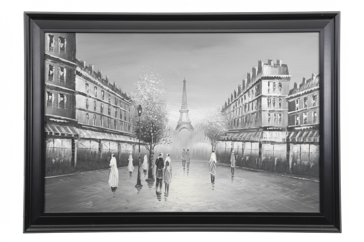 Framed black and white artwork of a city street with the Eiffel Tower in the background.