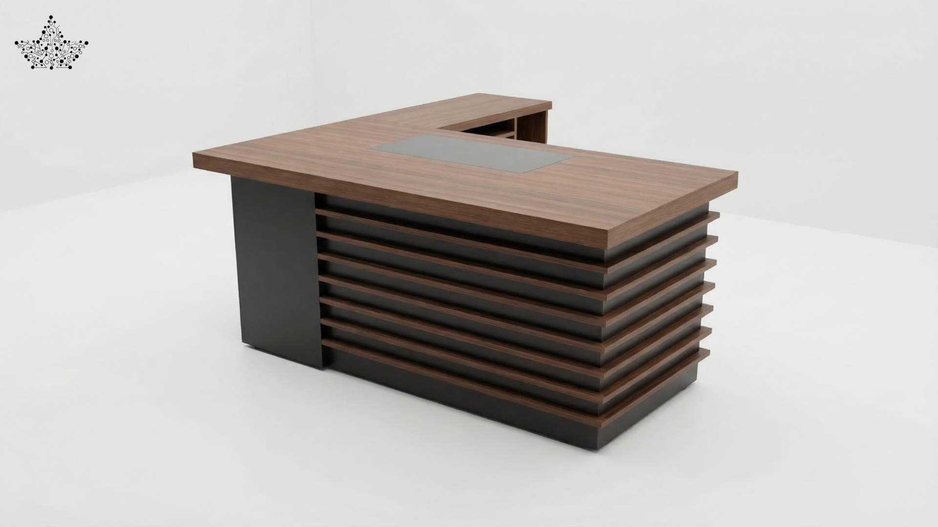 Wooden office desk with a gray surface on a white background