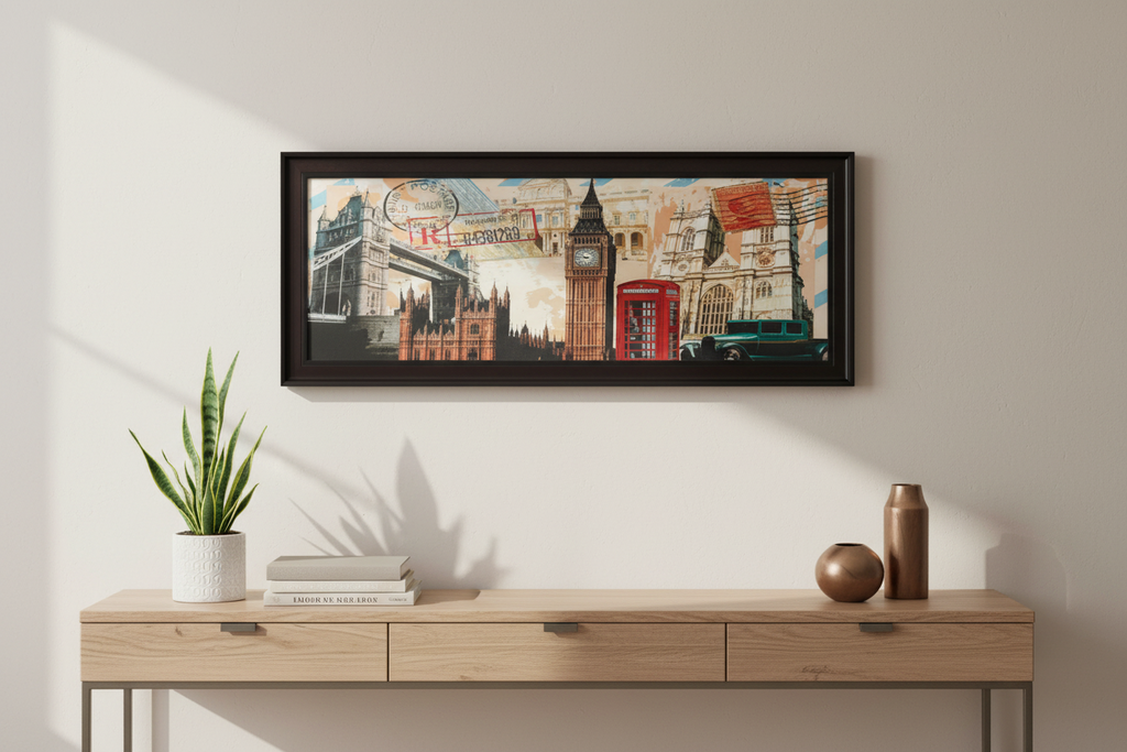 Framed artwork of London landmarks including Big Ben and a red phone box.
