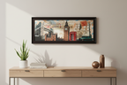 Framed artwork of London landmarks including Big Ben and a red phone box.
