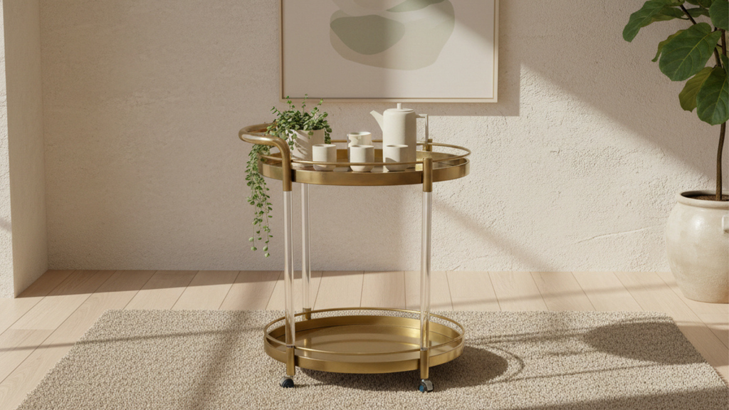 2-Tier Oval Gold Bar Trolley | Acrylic Columns & Swivel Casters | Luxury Bar Cart