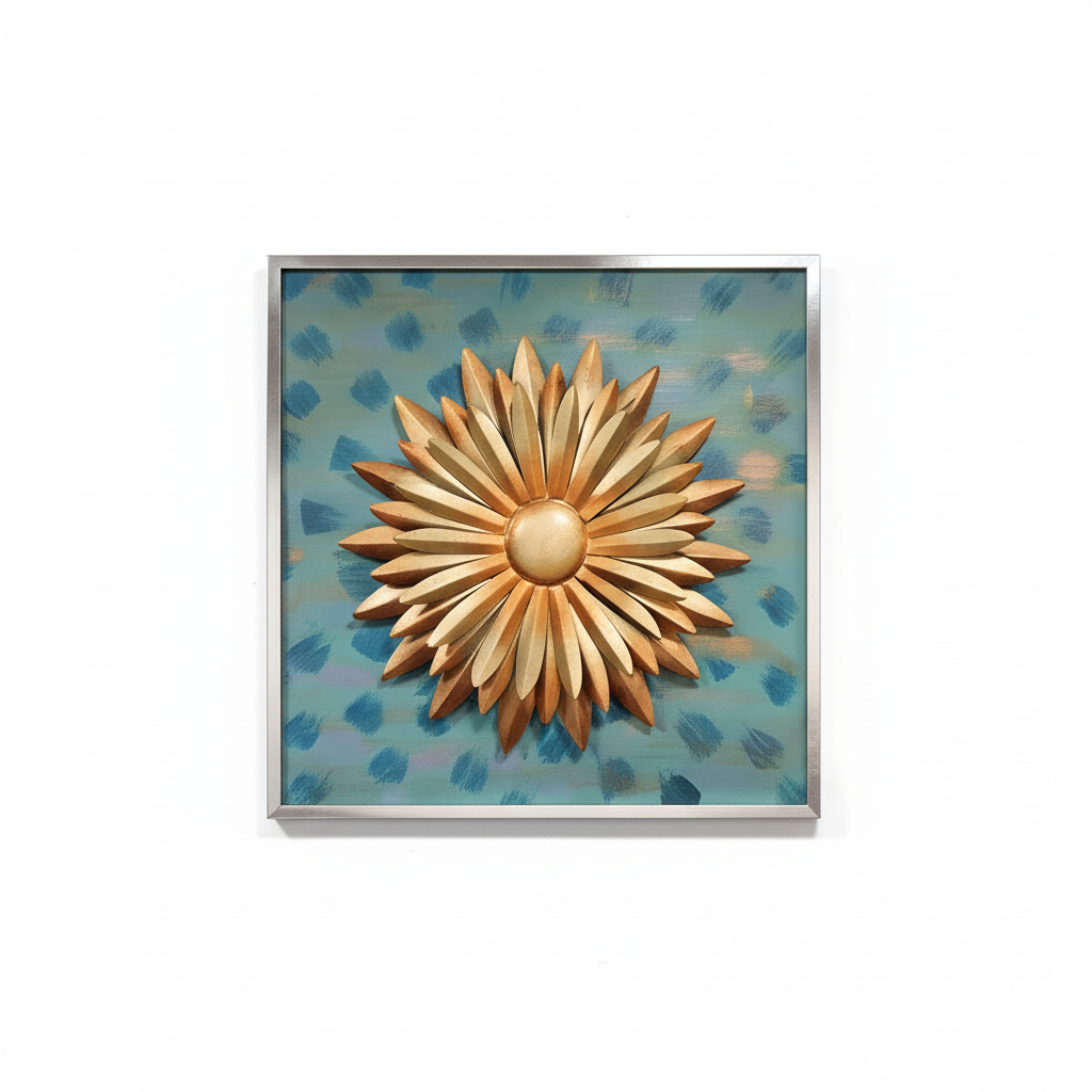 Decorative wall art above a console table with a lamp and plant in a room.