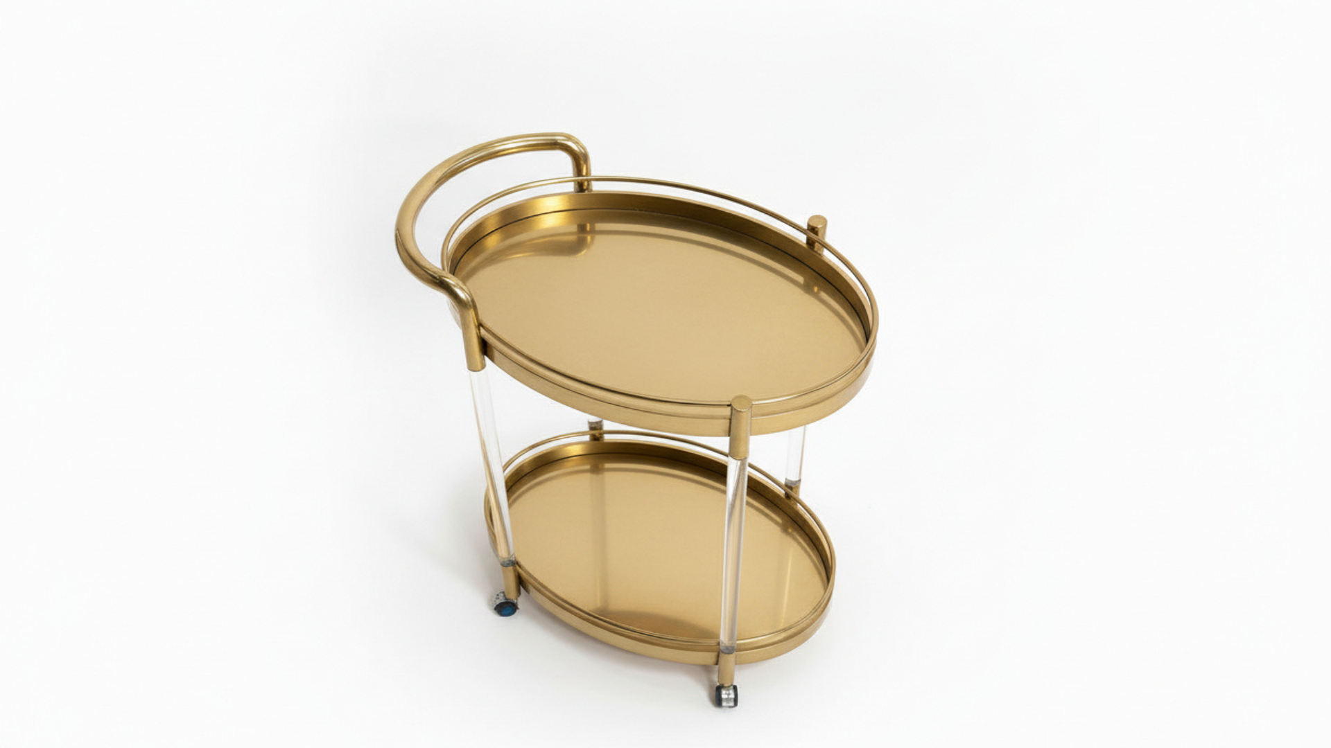 2-Tier Oval Gold Bar Trolley | Acrylic Columns & Swivel Casters | Luxury Bar Cart