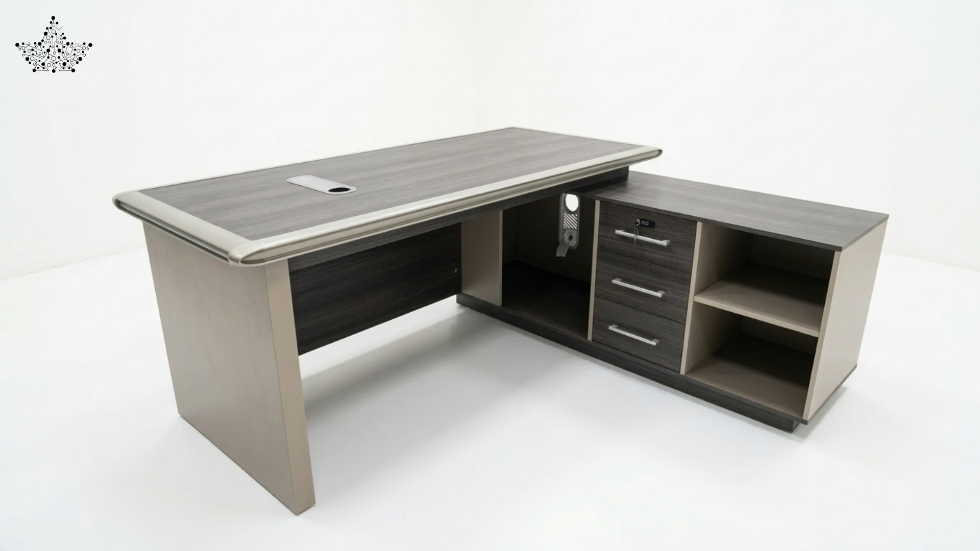 Large office desk with a gray top and storage compartments on a white background