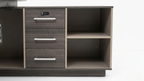 Gray wooden cabinet with drawers and shelves on a white background