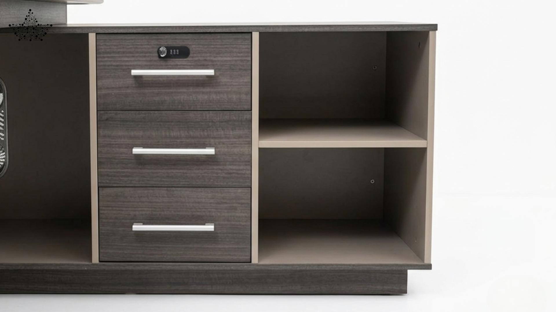 Gray wooden cabinet with drawers and shelves on a white background