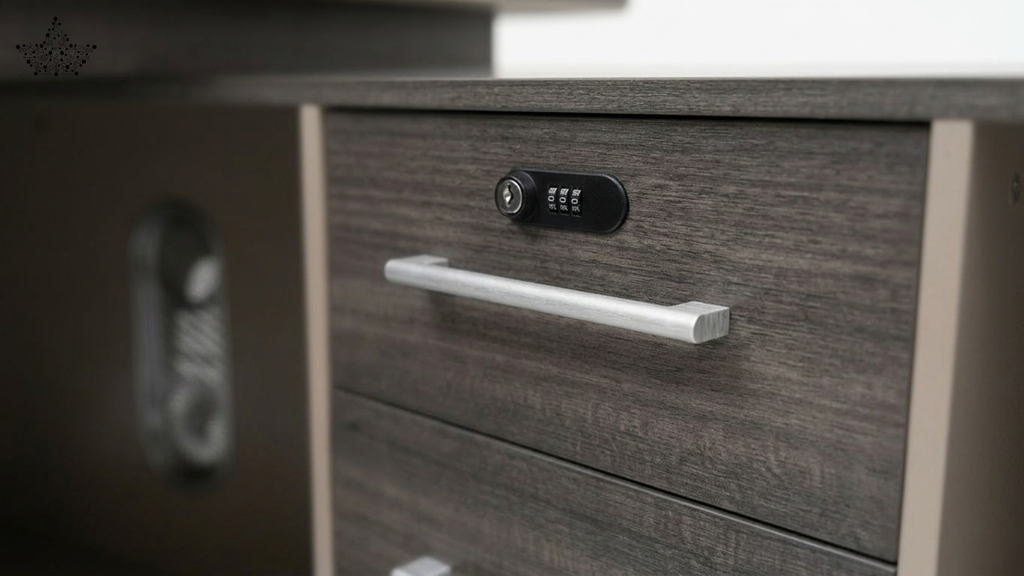 Wooden drawer with a digital lock on a blurred background