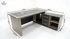 Gray office desk with dimensions labeled on a white background