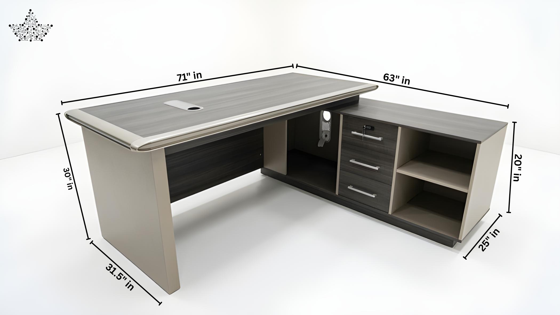 Gray office desk with dimensions labeled on a white background