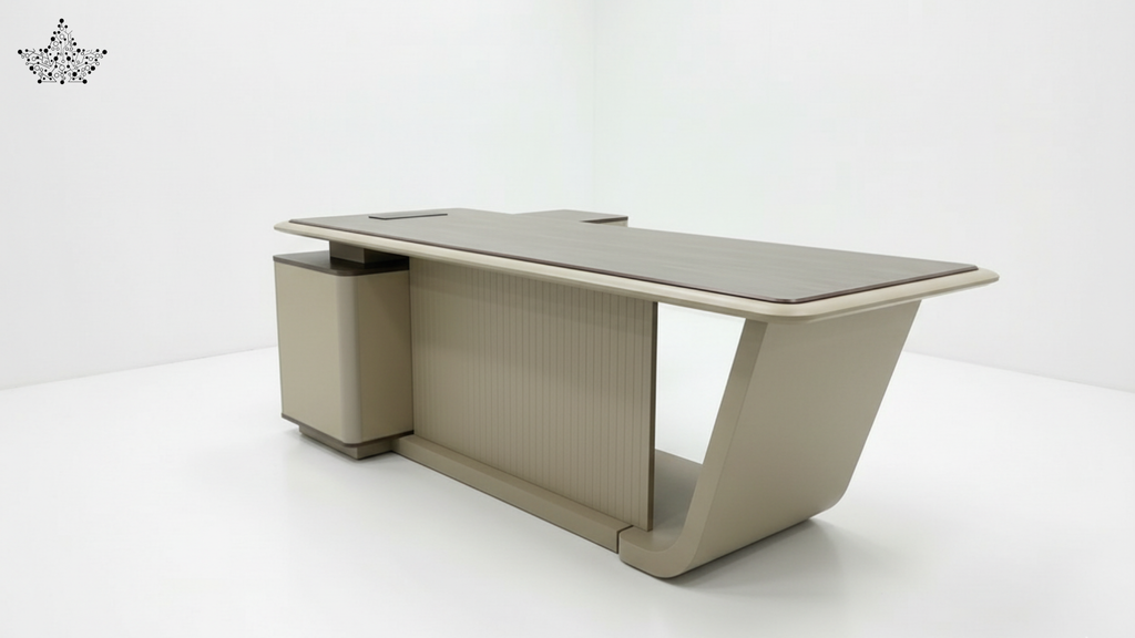 Modern office desk with a sleek design on a white background