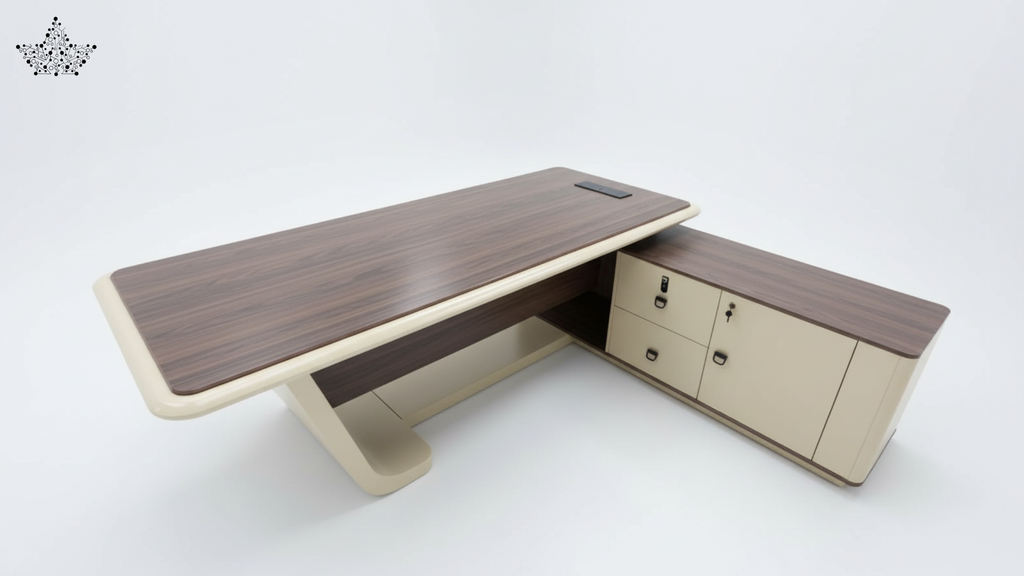 Modern L-shaped desk with wooden top and beige sides on a white background