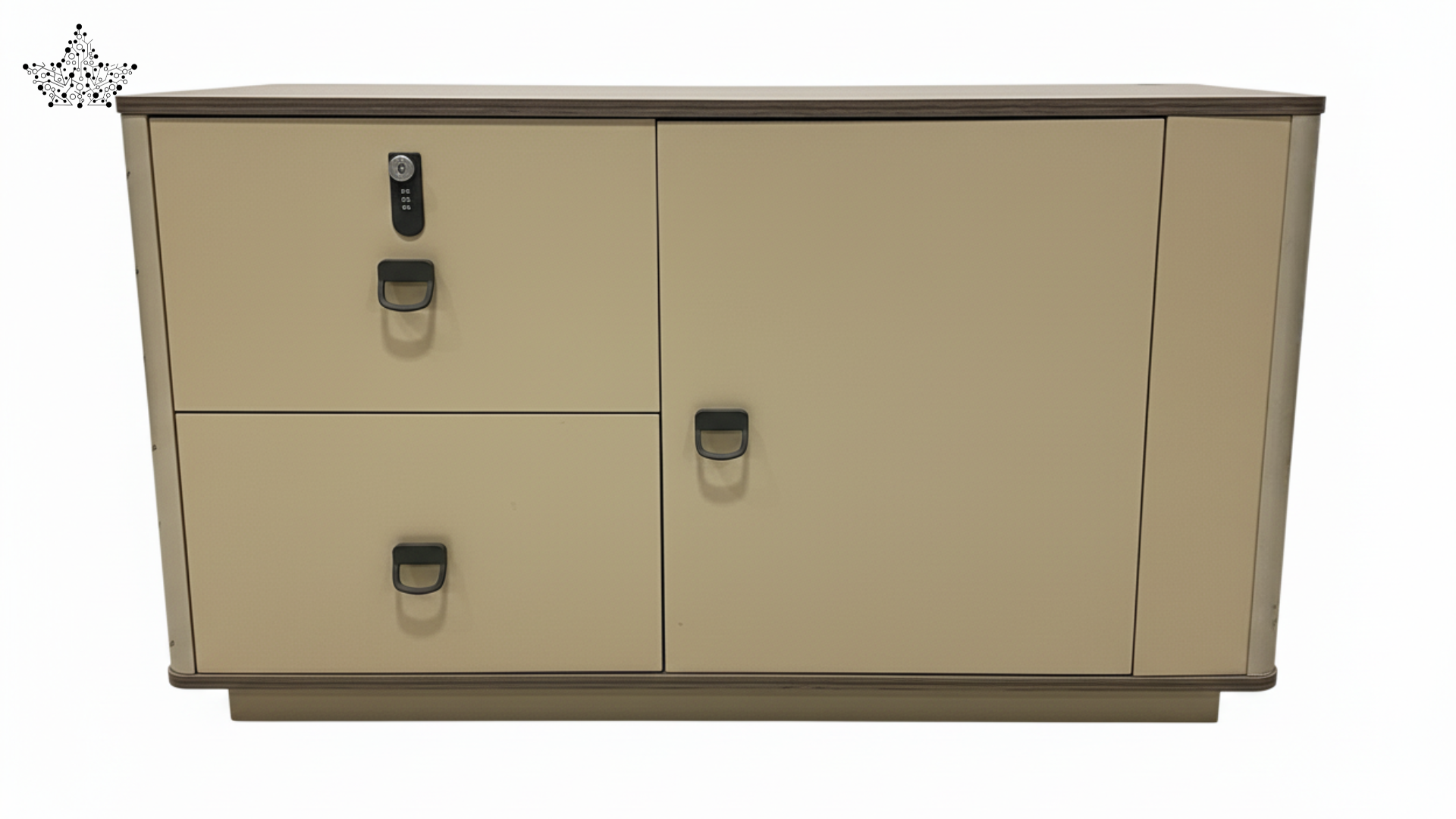 Beige storage cabinet with three doors on a white background