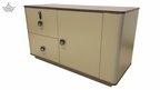 Beige storage cabinet with two doors and two drawers on a white background