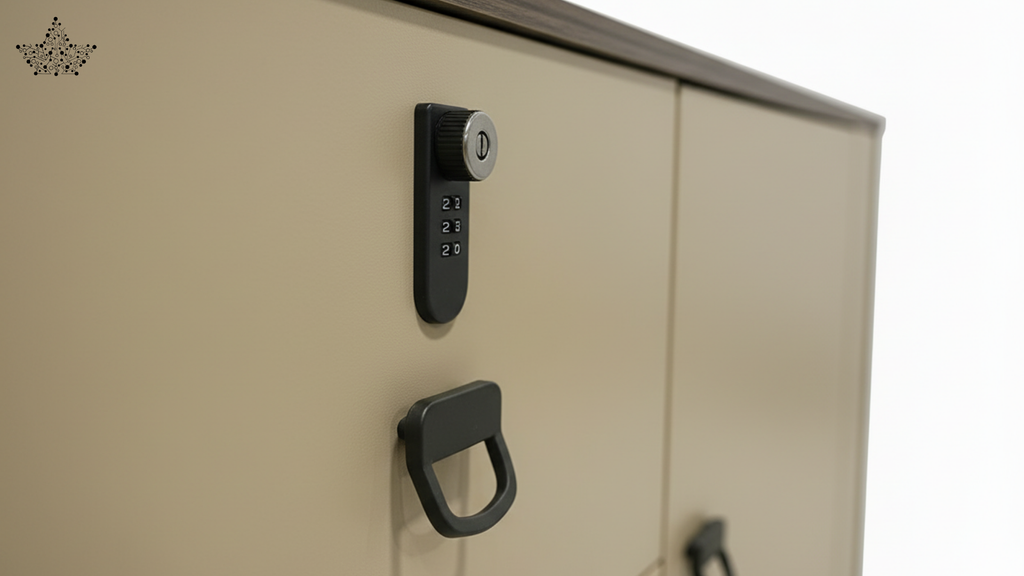 Beige cabinet with a black handle and lock on a white background