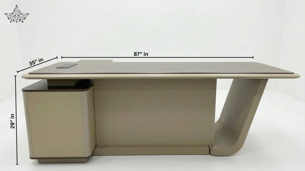 Beige desk with dimensions labeled on a white background
