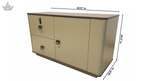 Beige storage cabinet with dimensions labeled on a white background