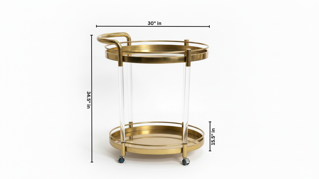2-Tier Oval Gold Bar Trolley | Acrylic Columns & Swivel Casters | Luxury Bar Cart