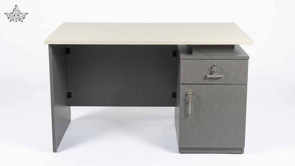 Gray office desk with a white top on a white background