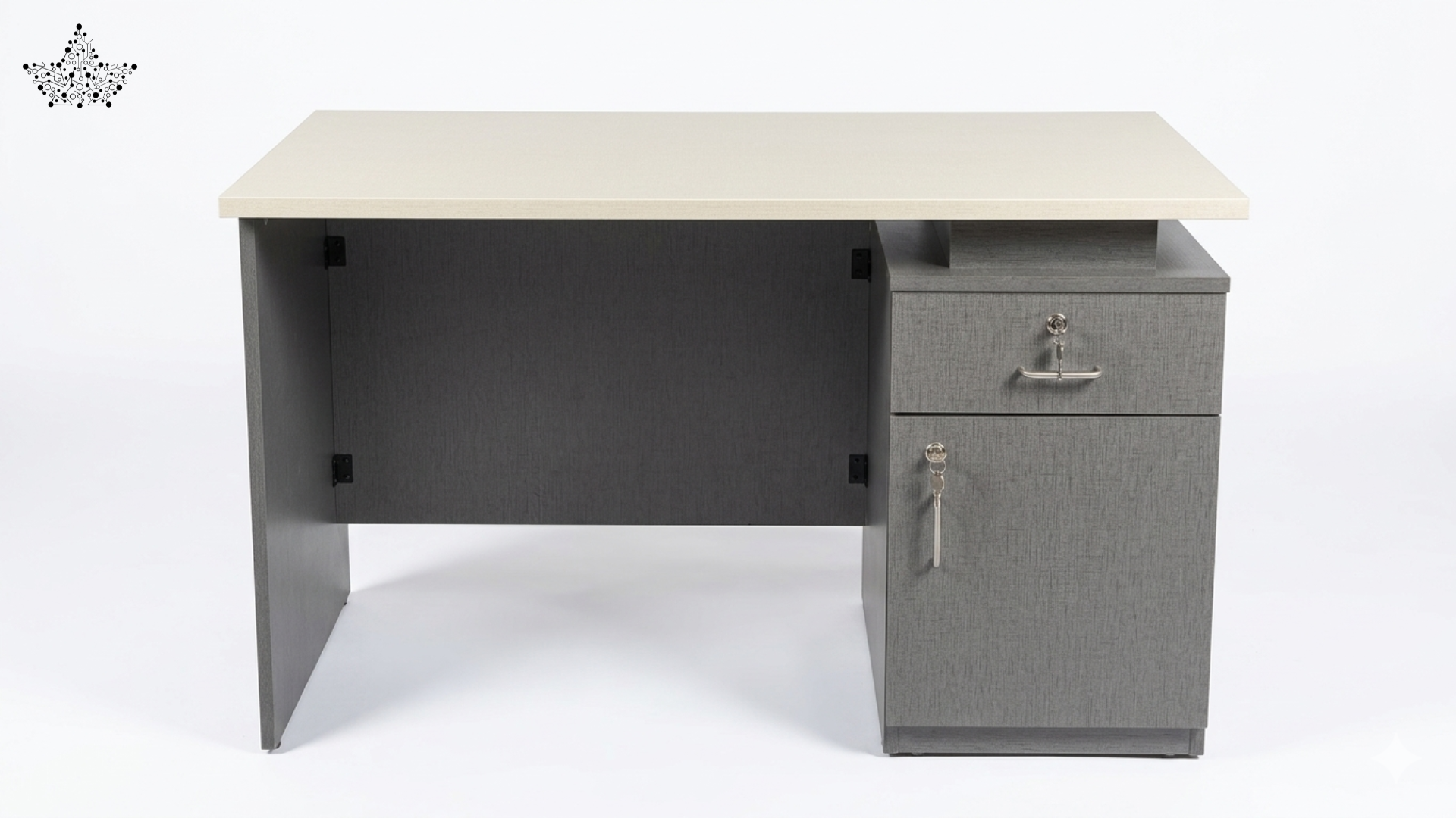 Gray office desk with a white top on a white background