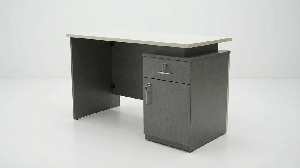 Gray office desk with a white background