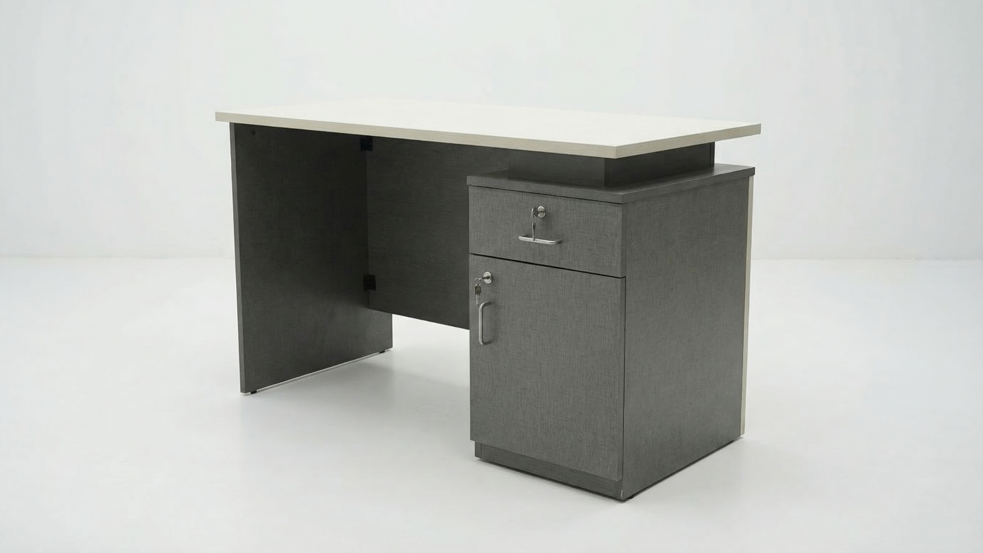 Gray office desk with a white background