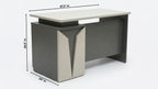Modern office desk with dimensions labeled on a white background
