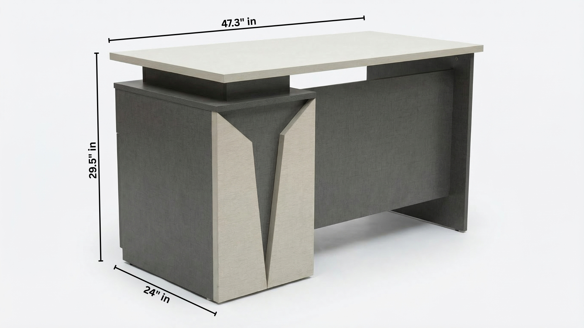 Modern office desk with dimensions labeled on a white background