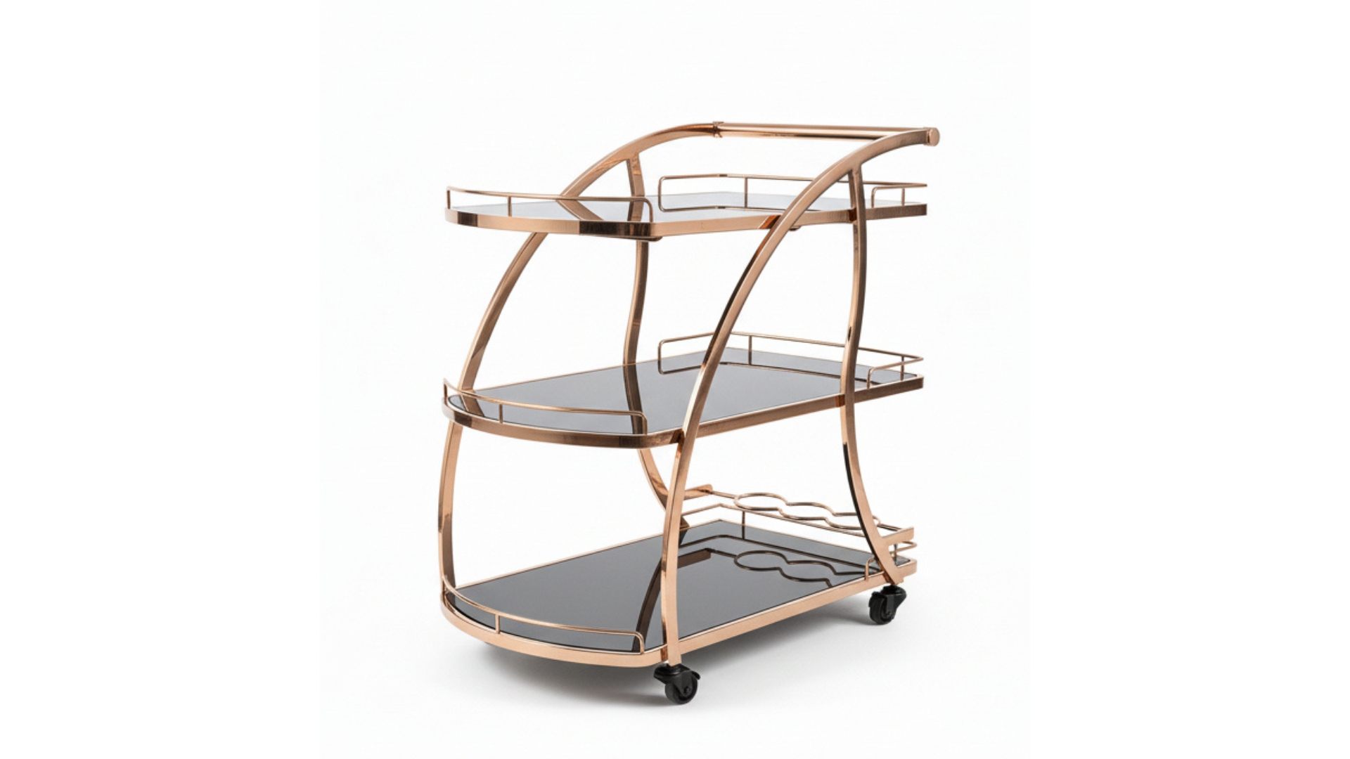 Black Service Trolley | Smoked Glass Shelves, Arch Frame & Wine Holder
