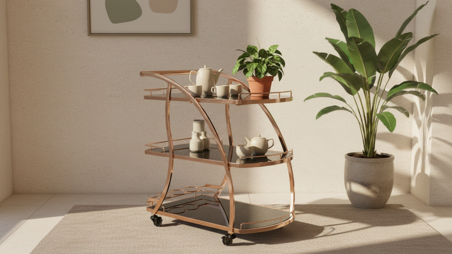 Black Service Trolley | Smoked Glass Shelves, Arch Frame & Wine Holder