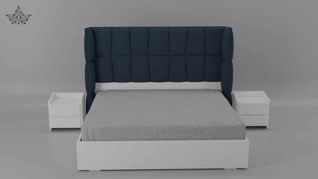 Gray bed with navy headboard and white nightstands on a gray background
