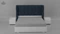 Gray bed with navy headboard and white nightstands on a gray background