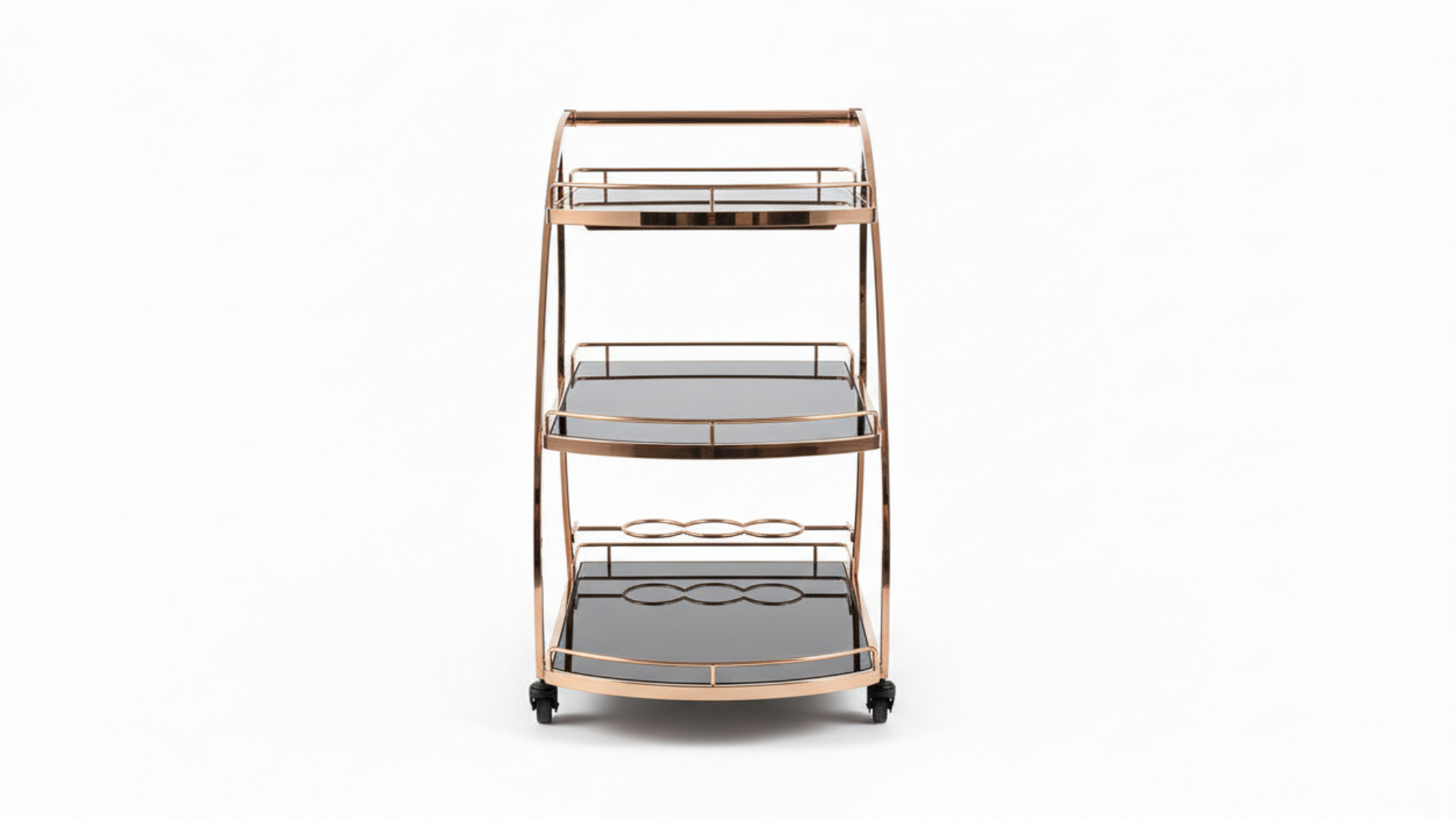 Black Service Trolley | Smoked Glass Shelves, Arch Frame & Wine Holder