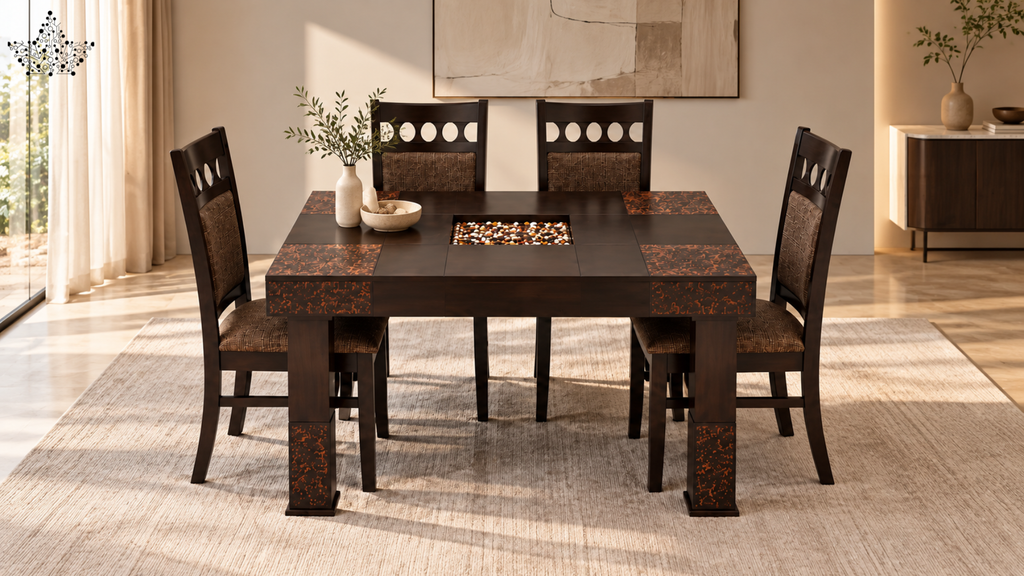 Terra Mosaic 4-Seater Dining Set – Dark Walnut & Stone Inlay