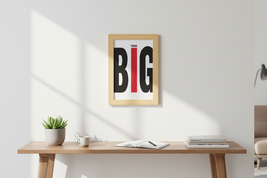 Framed poster with 'Think Big' text on a white background