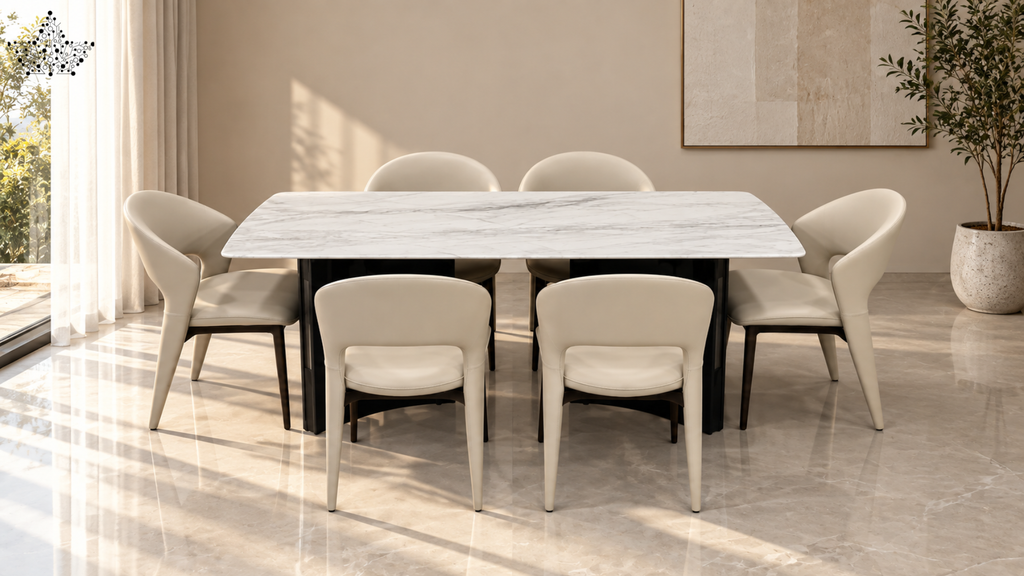 Marble Top Dining Set with Upholstered Chairs – 6 Seater