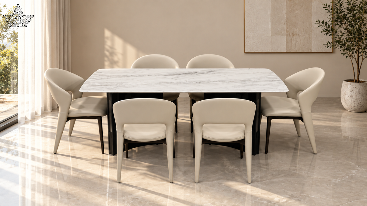 Marble Top Dining Set with Upholstered Chairs – 6 Seater