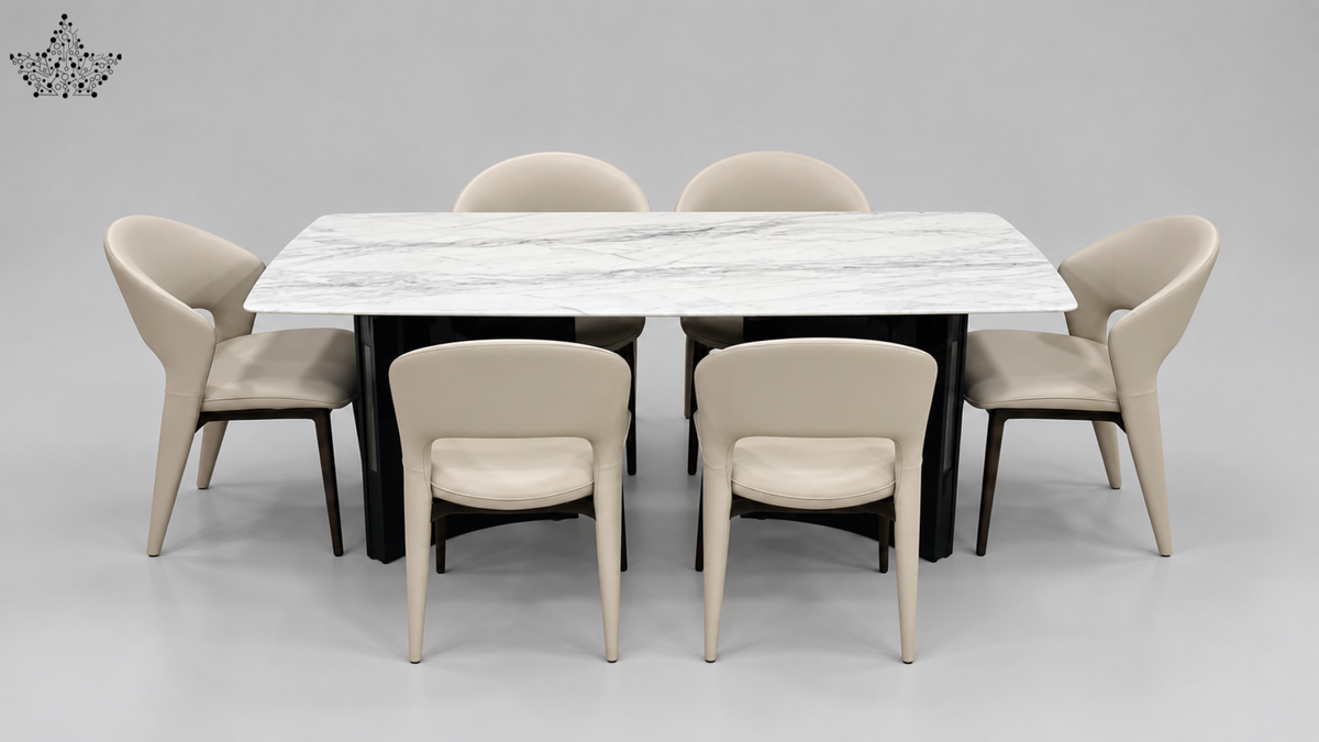 Marble Top Dining Set with Upholstered Chairs – 6 Seater