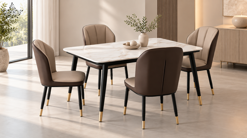 4 Seater Dining Table Set – Marble Top with Brown Leatherette Chairs