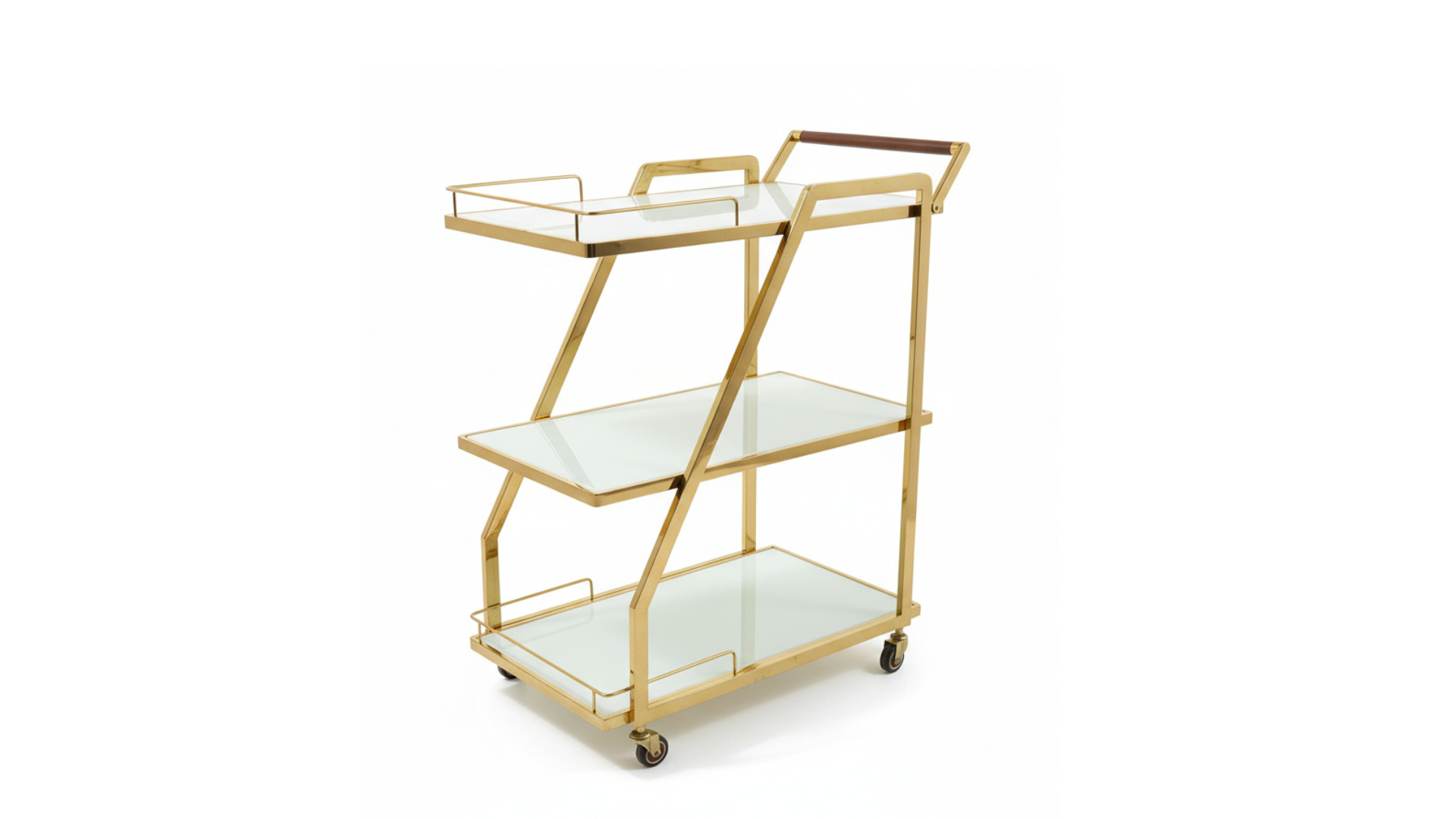 3-Tier Z-Frame Gold Bar Trolley | White Glass Shelves, Walnut Handle & Swivel Casters