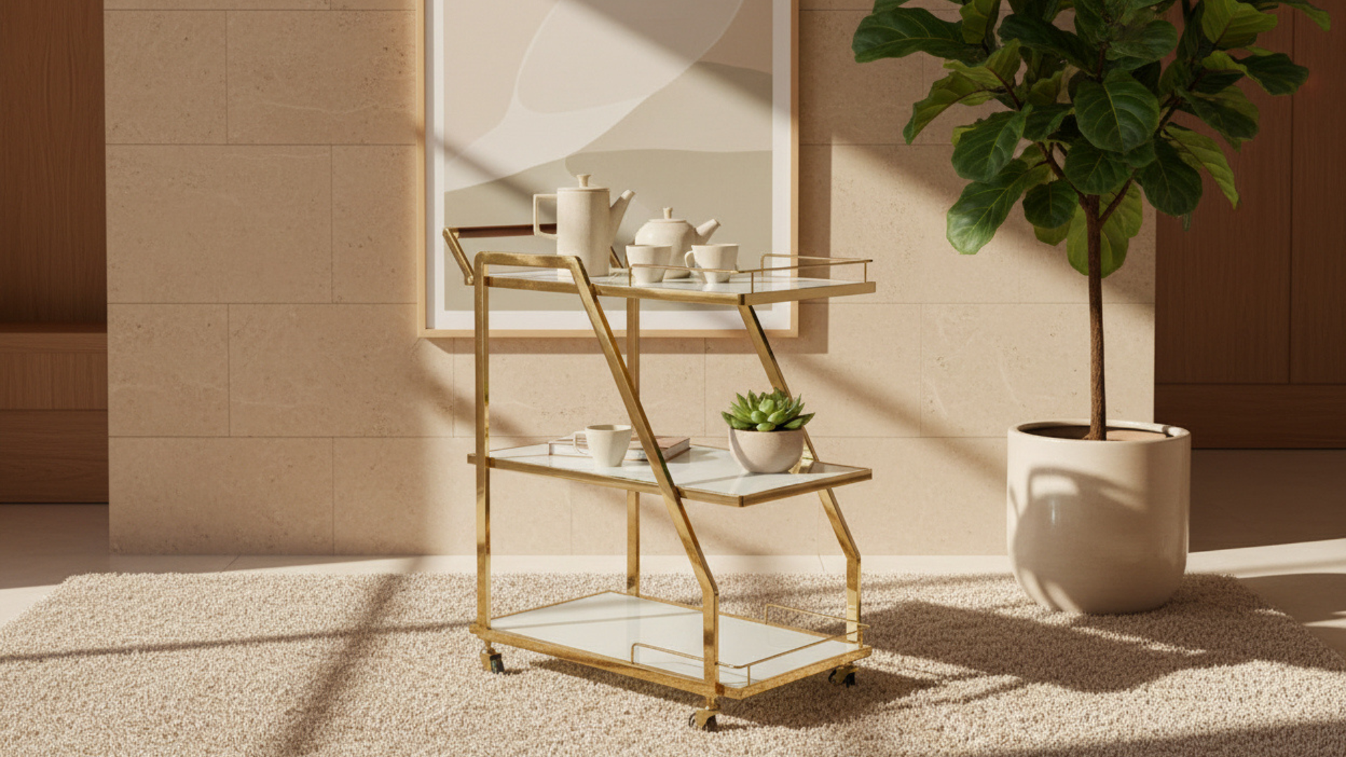 3-Tier Z-Frame Gold Bar Trolley | White Glass Shelves, Walnut Handle & Swivel Casters