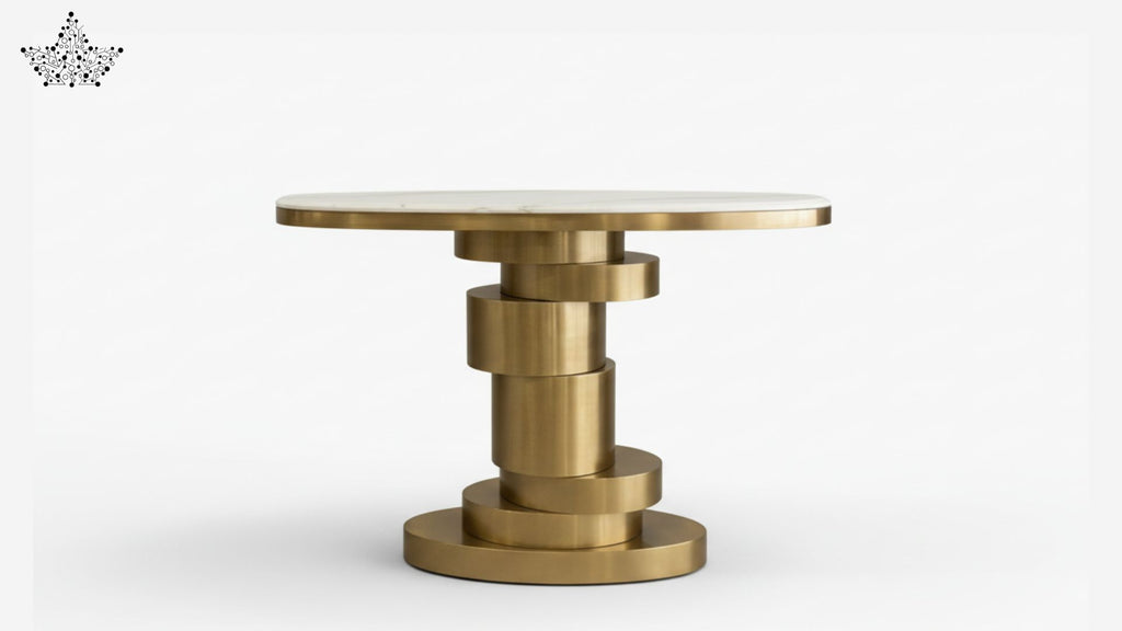 Stacked Ring Pedestal Round Console Table with White Marble Top