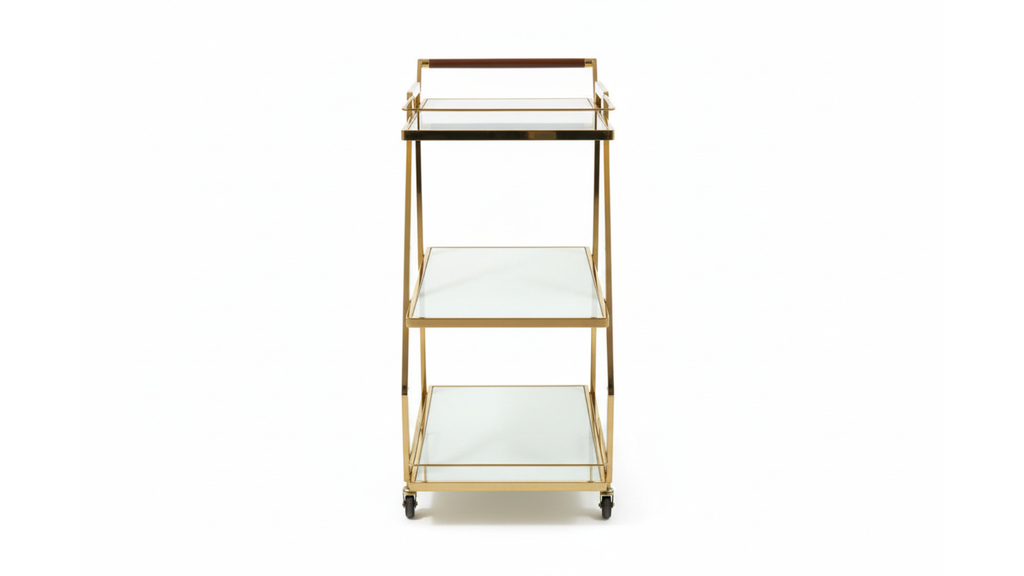 3-Tier Z-Frame Gold Bar Trolley | White Glass Shelves, Walnut Handle & Swivel Casters