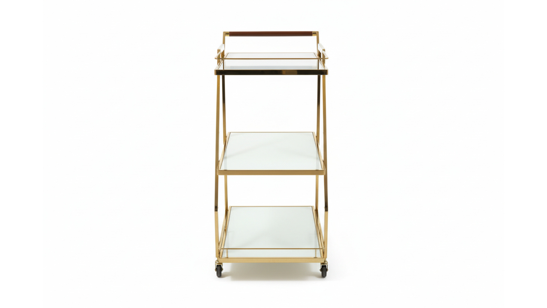 3-Tier Z-Frame Gold Bar Trolley | White Glass Shelves, Walnut Handle & Swivel Casters