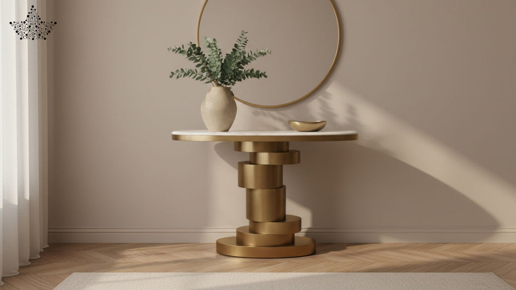 Stacked Ring Pedestal Round Console Table with White Marble Top