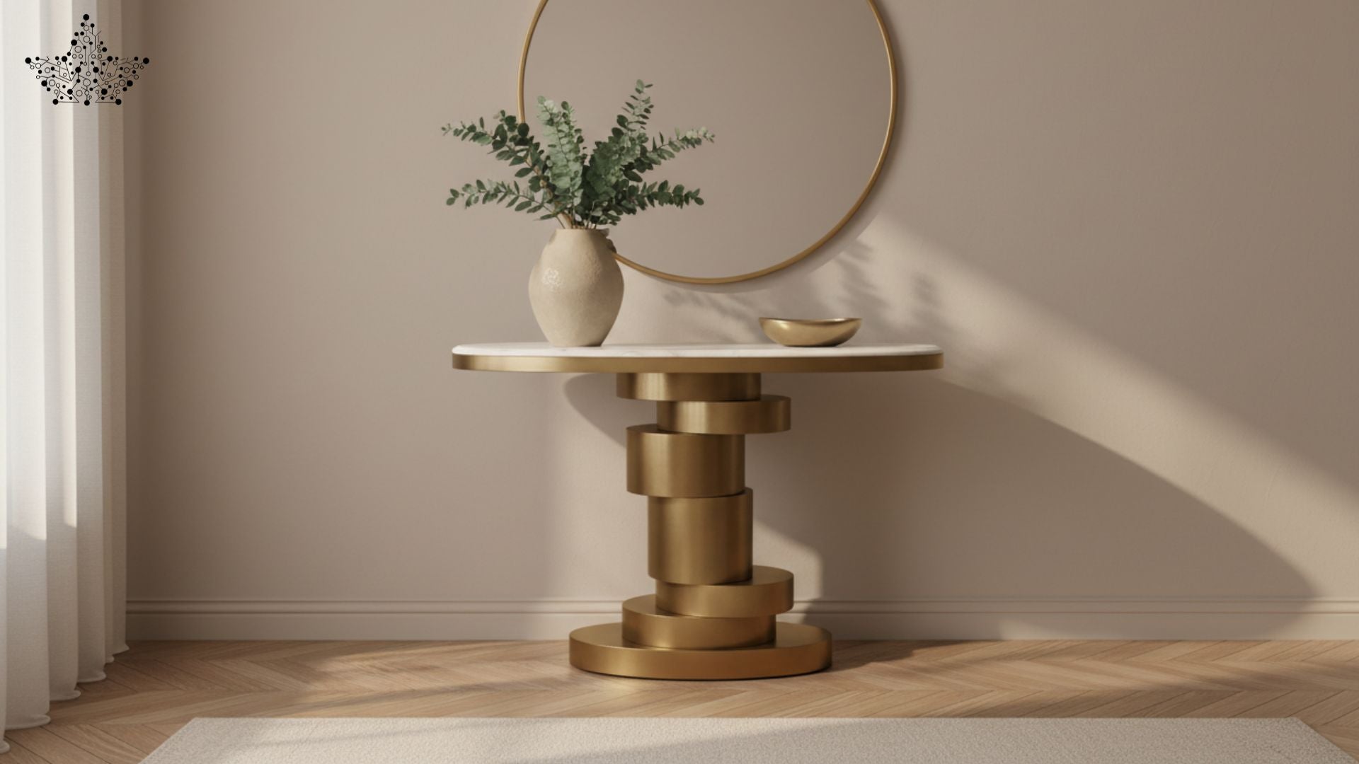 Stacked Ring Pedestal Round Console Table with White Marble Top