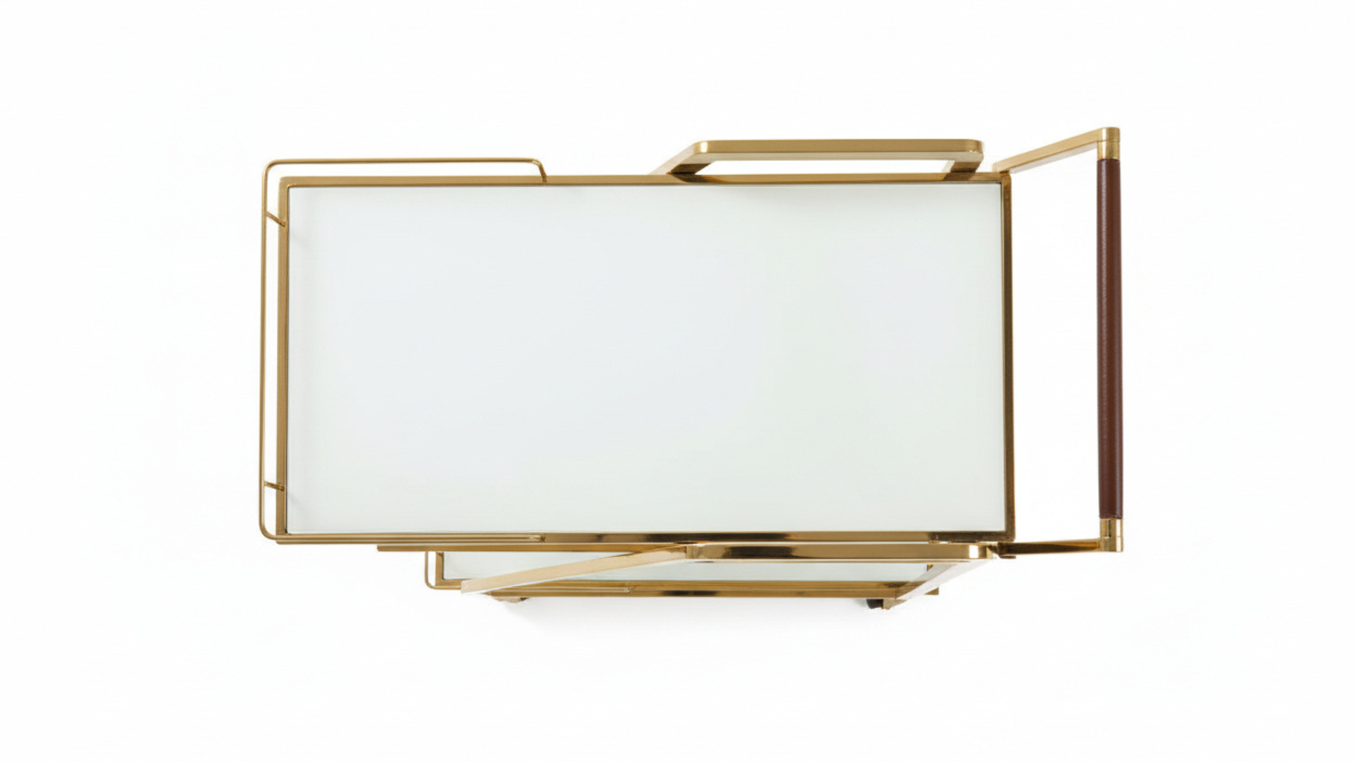 3-Tier Z-Frame Gold Bar Trolley | White Glass Shelves, Walnut Handle & Swivel Casters